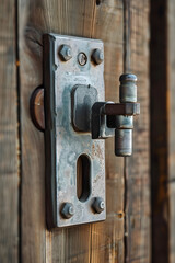 Close-Up View of a Vintage Metallic Latch Mechanism on a Weathered Wooden Door, Emphasizing the Contrast Between Metal Hardware and Natural Wood Grain