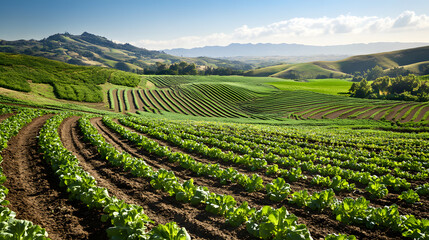 Scenic View of a Green Hillside with Vibrant Terraced Farming of Potatoes and Onions Under a Clear Blue Sky