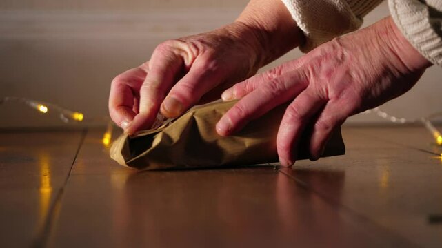 Wrapping gift in brown paper