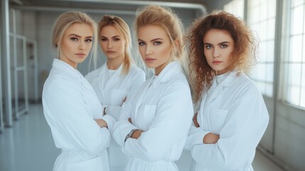 Fototapeta premium A diverse group of four women in white lab coats, standing confidently with arms crossed in a well-lit indoor space