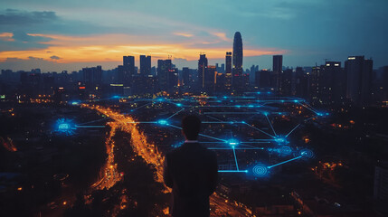 Abstract business man stands on the peak of success amid tall, innovative Smart city and graphs with statistics to analyze business potential and predict future developments in company growth.