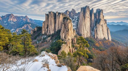 Majestic winter mountain range sunrise, scenic vista, travel poster