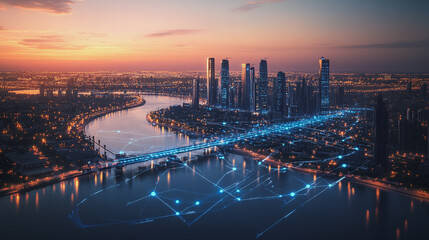 Fototapeta premium Abstract business man stands on the peak of success amid tall, innovative Smart city and graphs with statistics to analyze business potential and predict future developments in company growth.