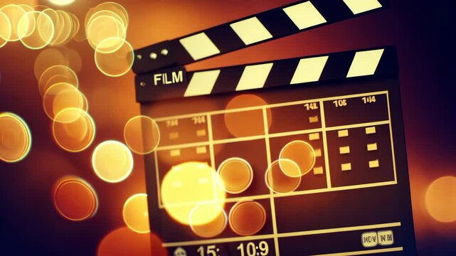 Effect of cinematic Film Clapperboard with Bokeh Lights Creating Warm Atmosphere in Cinema, ProRes 422HQ