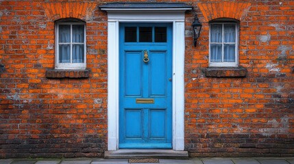 Fototapeta premium Bright blue door with brass knocker set against a rustic orange brick wall, inviting entrance
