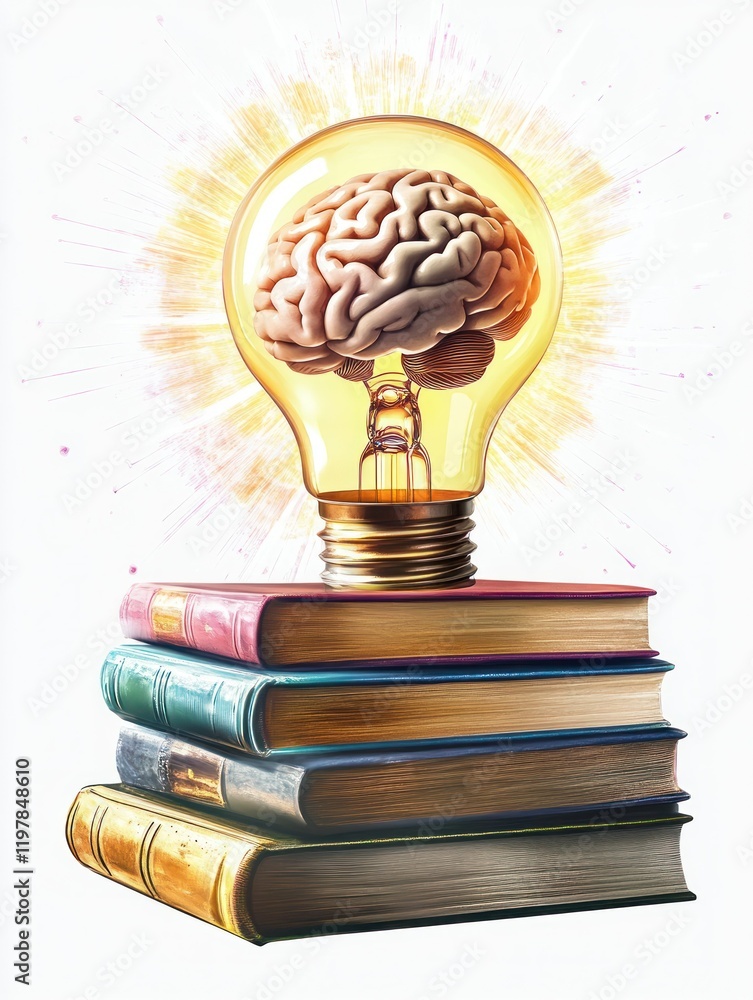 Poster brain in a light bulb on stacked books symbolizing knowledge and innovation