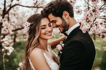Romantic caucasian couple embracing in blooming orchard on wedding day