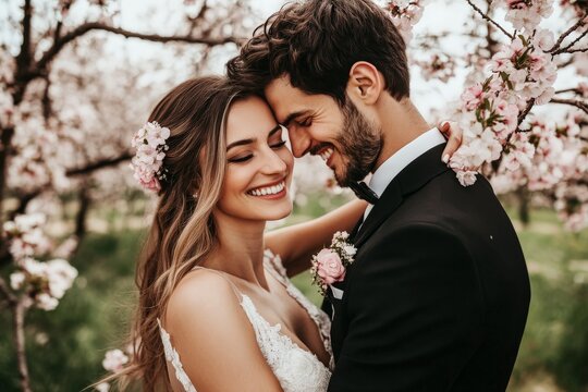 Romantic caucasian couple embracing in blooming orchard on wedding day