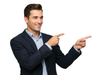 A professional man with neatly combed hair, wearing a dark blue blazer and a light blue shirt, pointing to the side with a confident smile isolated on transparent background