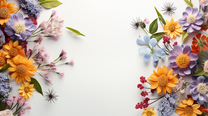 Obraz premium summer flowers on white background, top view, center space --ar 16:9 --stylize 250 --v 5.2 Job ID: 9b01cecd-d611-4e8f-8ba6-fe1448658370