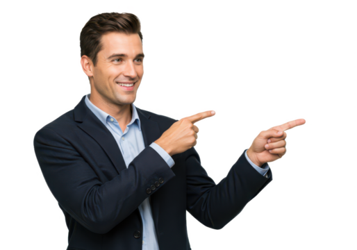 A professional man with neatly combed hair, wearing a dark blue blazer and a light blue shirt, pointing to the side with a confident smile isolated on transparent background