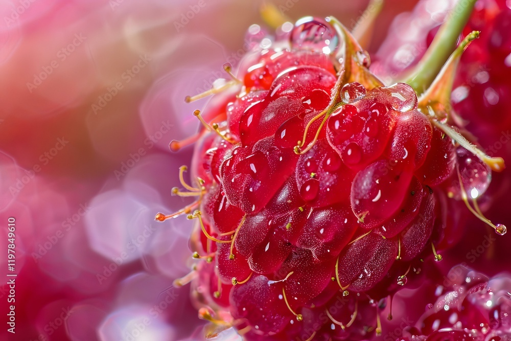 Poster macro close up of a fresh juicy raspberry with water droplets, creating a vibrant and refreshing ima