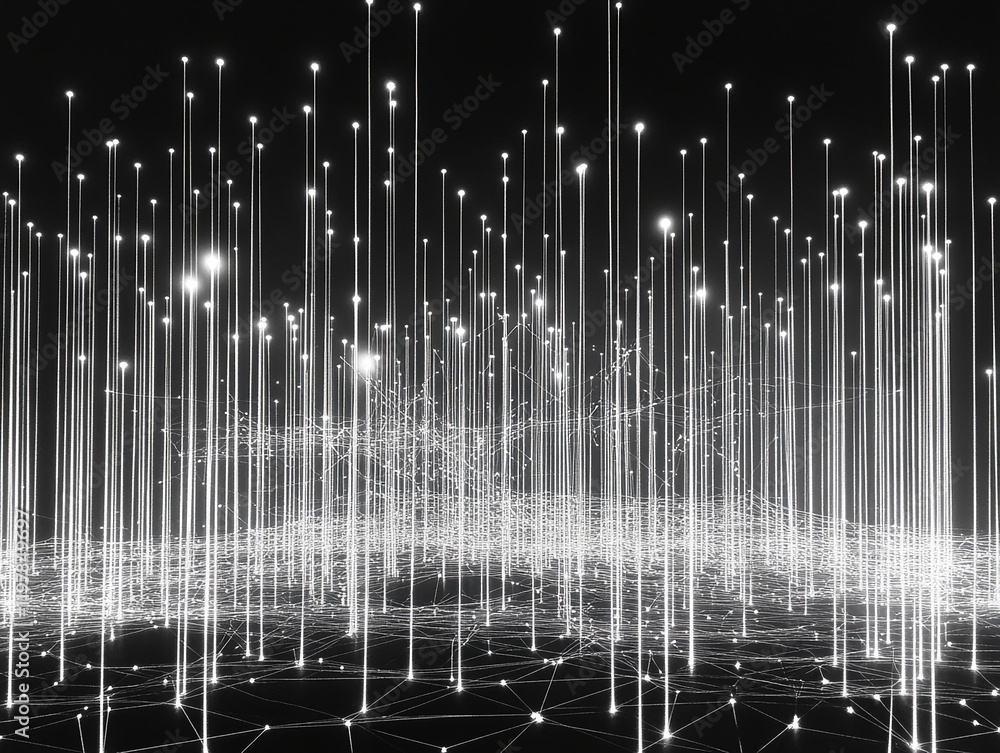 Poster futuristic network of glowing lines and dots in a digital world