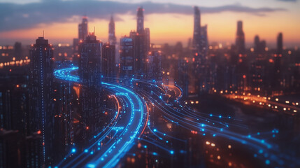 Obraz premium Abstract business man stands on the peak of success amid tall, innovative Smart city and graphs with statistics to analyze business potential and predict future developments in company growth.