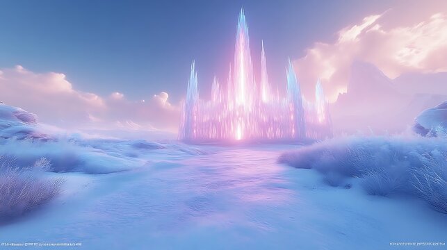 Glowing Crystal Palace in a Frozen Landscape - Powered by Adobe