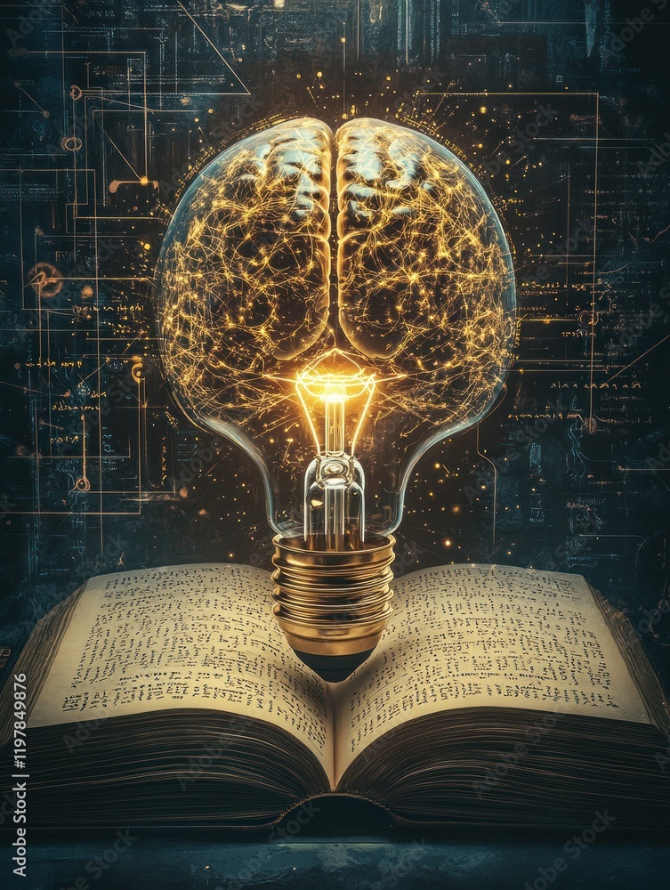 Poster illuminating knowledge: a brain-shaped lightbulb emerges from an open book