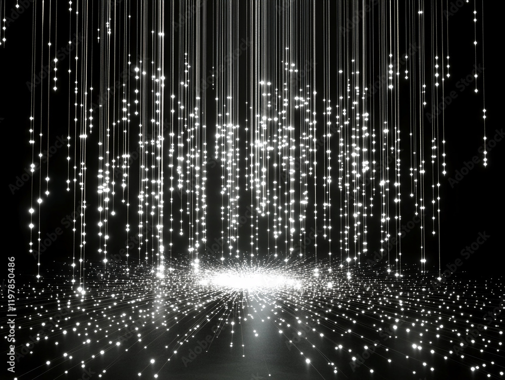 Poster digital light beams with glowing dots on a black background