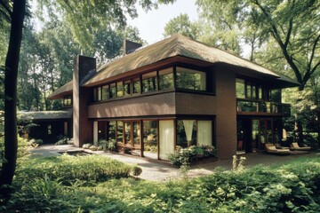 Obraz premium Modern architectural design featuring a spacious, multi-story house with large windows surrounded by lush greenery in a serene forest setting