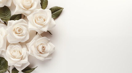 Obraz premium white roses and petals on white background, empty space on the right, top view --ar 16:9 --stylize 250 --v 5.2 Job ID: 46f5a319-0009-431d-b542-e947f865aba1