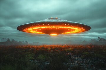 Obraz premium A mysterious photograph of an alien flying saucer hovering over fields and houses, blending surrealism and intrigue with dramatic lighting and eerie shadows to evoke a sense of wonder and suspense.