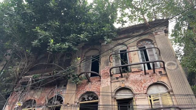 Ruined haunted building in Kolkata covered with Peepal tree.