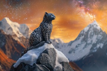Majestic snow leopard statue perched on a snow-covered mountaintop against a vibrant sunset and starry sky.