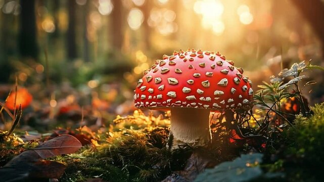Red toadstool mushroom in autumn forest