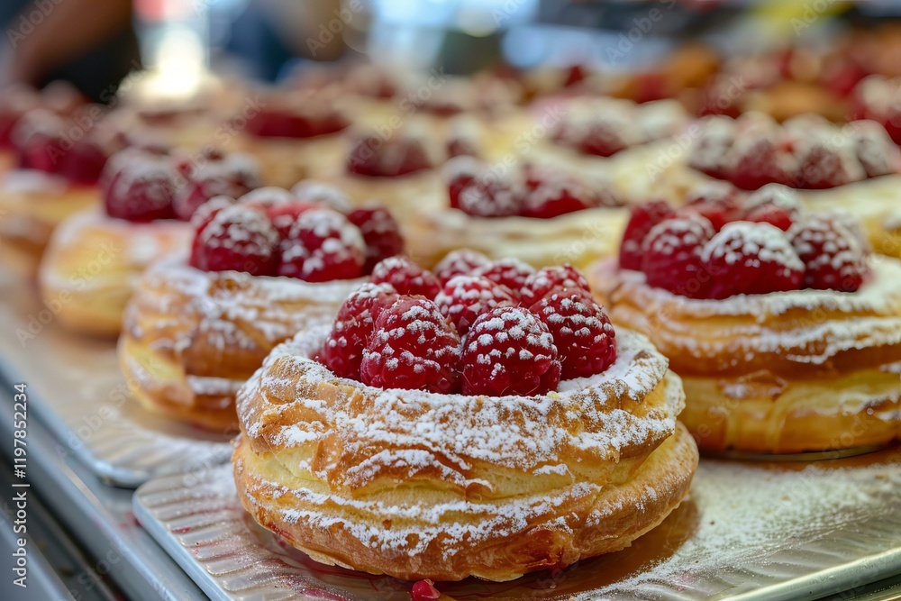 Poster freshly baked raspberry pastries covered in powdered sugar, creating a tempting display