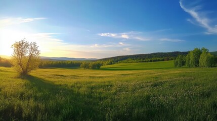 Fototapeta premium Serene sunset over lush green field with distant forest and clear sky