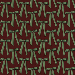 Seamless pattern with green bows,ribbons on a dark red background. Perfect for holiday decor, gift wrap, fabric, or festive designs. Elegant, classic, and cheerful style for seasonal projects