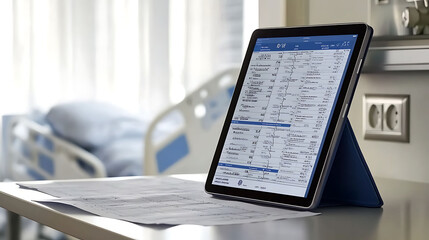 Modern tablet displays medical data, charts, and graphs in a hospital room setting.  Blurred background shows a hospital bed. Ideal for healthcare, technology, and medical record concepts.