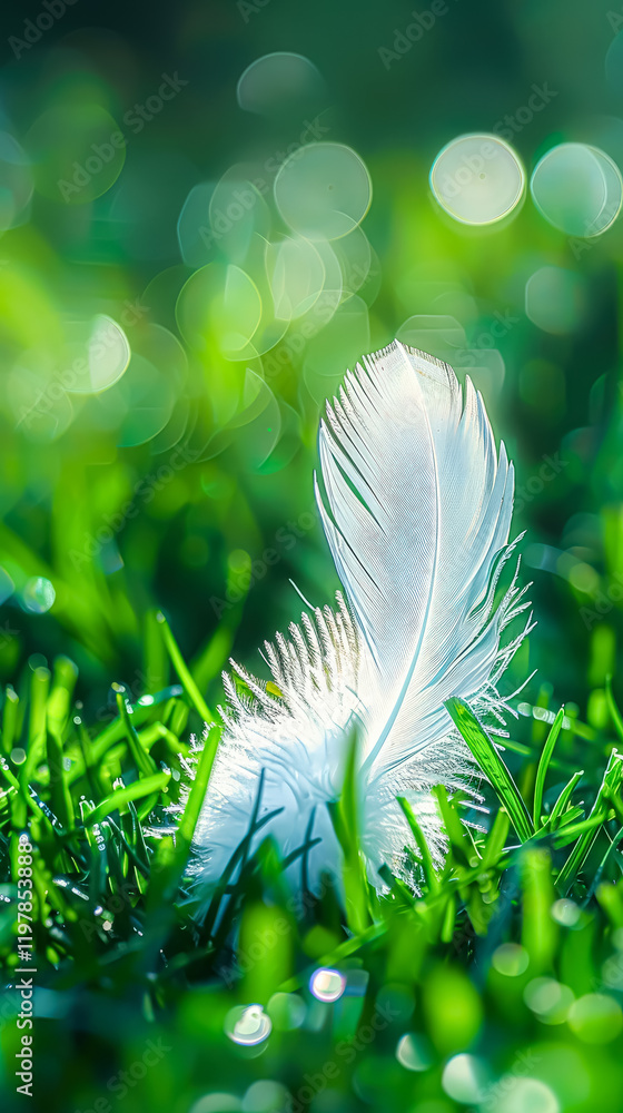 Poster white feather is on a green grass field. the feather is the only thing visible in the image