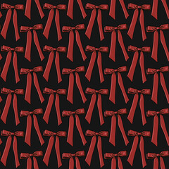 Obraz premium Seamless pattern with red burgundy bows,ribbons on a dark black background. Perfect for holiday decor, gift wrap, fabric, or festive designs. Elegant, classic, and cheerful style for seasonal projects