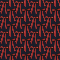 Seamless pattern with red burgundy bows,ribbons on a dark blue background. Perfect for holiday decor, gift wrap, fabric, or festive designs. Elegant, classic, and cheerful style for seasonal projects