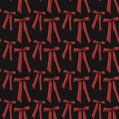 Seamless pattern with red burgundy bows,ribbons on a dark black background. Perfect for holiday decor, gift wrap, fabric, or festive designs. Elegant, classic, and cheerful style for seasonal projects