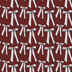 Seamless pattern with white, light gray bows,ribbons on a red background. Perfect for holiday decor, gift wrap, fabric, or festive designs. Elegant, classic, and cheerful style for seasonal projects