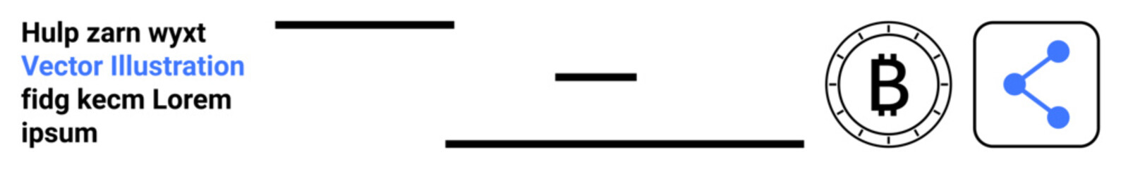 Horizontal lines of varying lengths, Bitcoin symbol in a circle, and a square icon with a connected nodes symbol. Ideal for finance, cryptocurrency, online sharing, simplicity, minimalism, digital