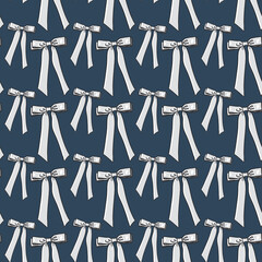 Seamless pattern with white bows,ribbons on a dark blue background. Perfect for holiday decor, gift wrap, fabric, or festive designs. Elegant, classic, and cheerful style for seasonal projects