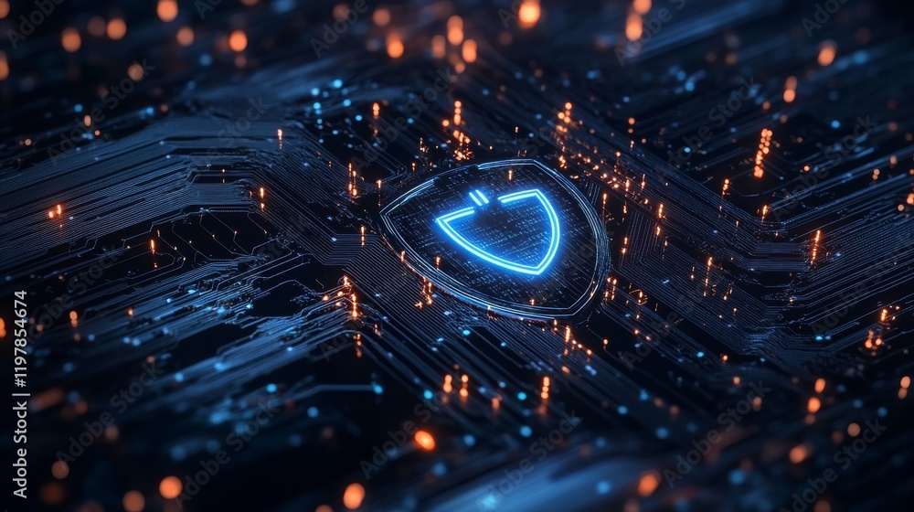 Poster an image of a shield icon on a secure global network symbolizes crucial concepts like cyber security