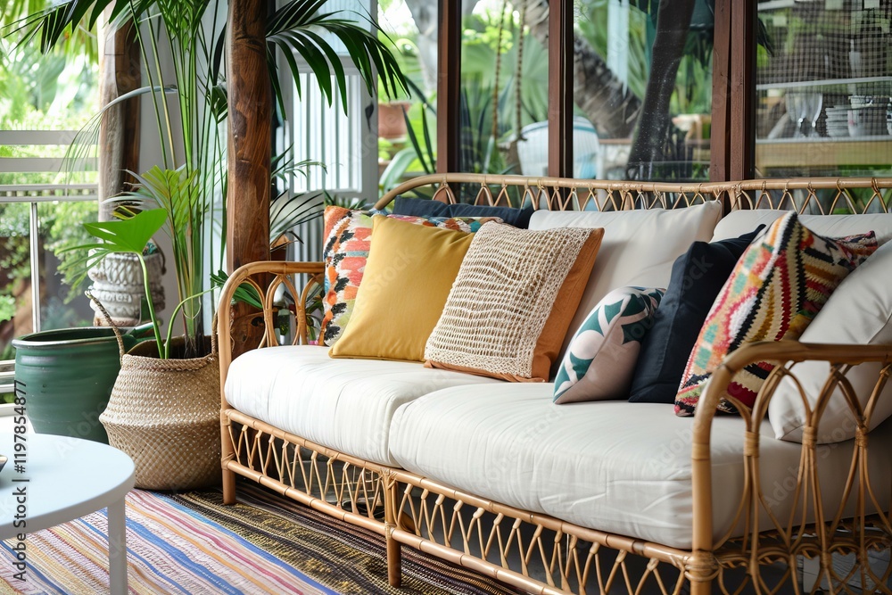 Poster bohemian patio features a comfortable rattan sofa with colorful cushions, creating a relaxing and st