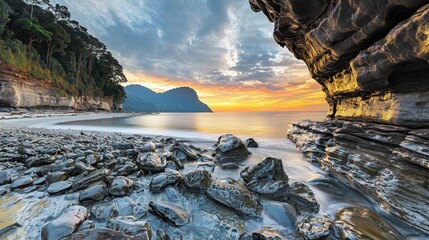 Fototapeta premium Sunrise Beach Cave Rocky Shore Seascape