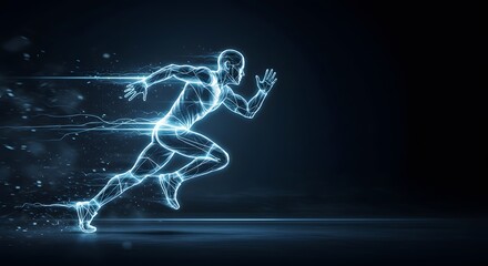 Digital athlete represented in blue light design emphasizing motion and speed for futuristic sports and fitness technology visualization