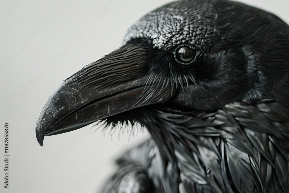 Poster close up portrait of a black raven with intricate feather details, showcasing its dark plumage and s