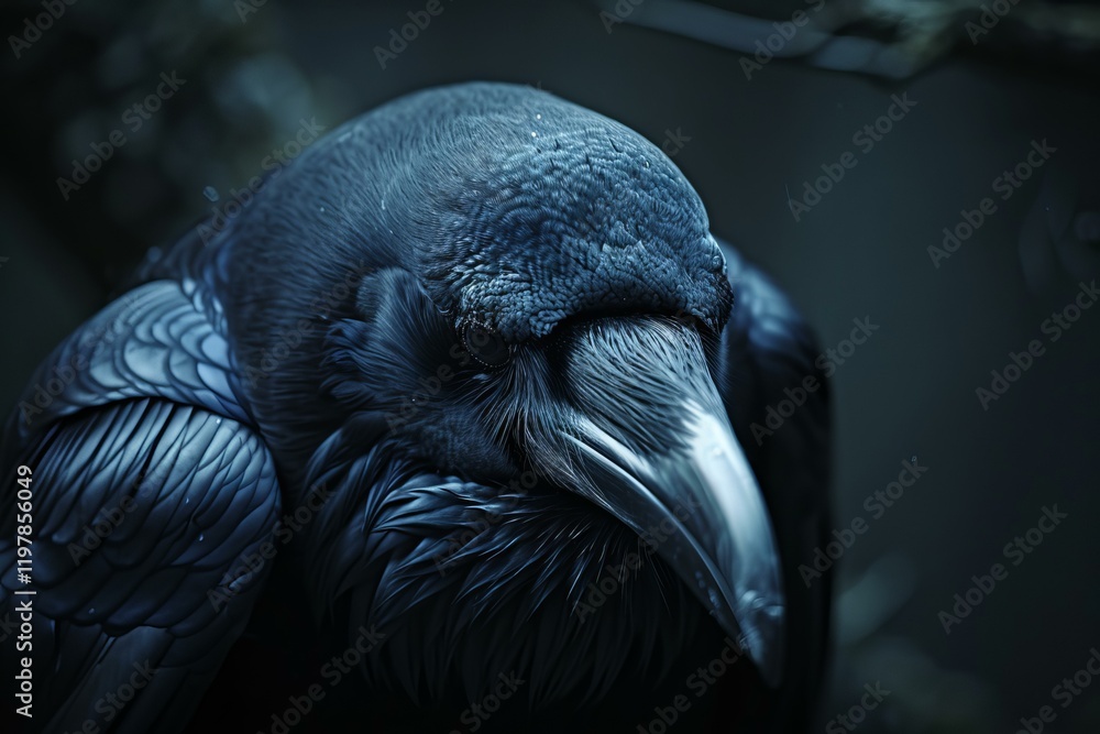 Poster close up of a raven with dark plumage, perched in a dimly lit environment, creating a mysterious atm