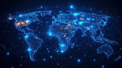 Global Digital Network: World Map with Illuminated Points Illustrating Global Connections and Activity Against a Dark, Night Sky-like Background
