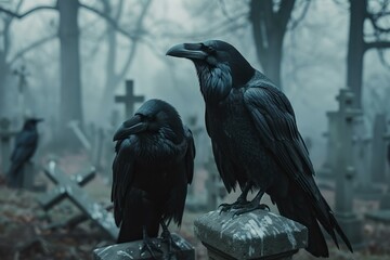 Two black ravens are perching on gravestones in a foggy cemetery, creating a spooky and mysterious atmosphere