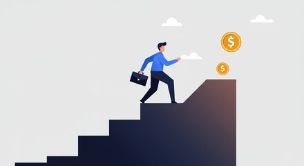 Ascending Towards Financial Success: Businessman Walking Up Stairs to Gold Coins - Perfect for Career Growth and Achievement Themes.