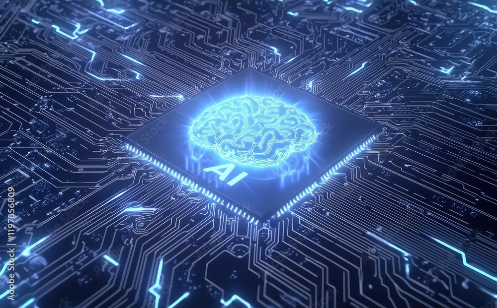 Aufkleber A glowing AI chip embedded on a futuristic circuit board, featuring a neural design symbolizing artificial intelligence and advanced technology. Ideal for tech marketing, innovation visuals