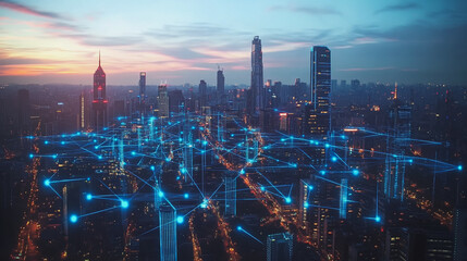 Fototapeta premium Abstract business man stands on the peak of success amid tall, innovative Smart city and graphs with statistics to analyze business potential and predict future developments in company growth.