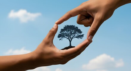 Framed tree silhouette between hands against clear sky symbolizing environment care and sustainability ideal for conservation campaigns and ecological responsibility promotion